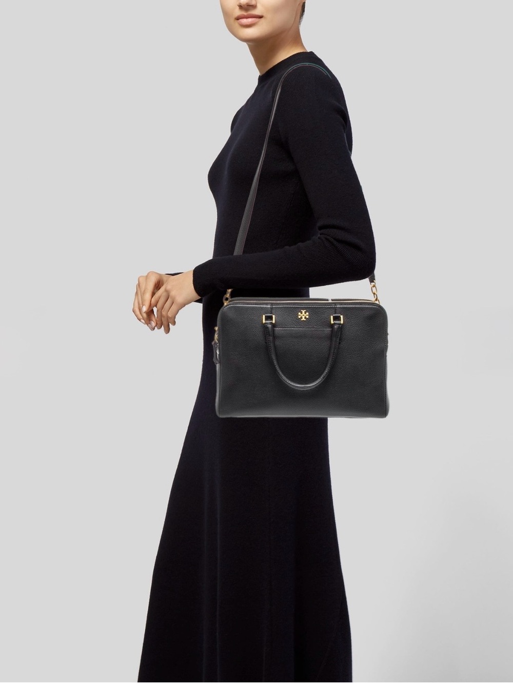 TORY BURCH Georgia Double Zip Pebbled Leather Satchel Black Gold 8"L x 11"W